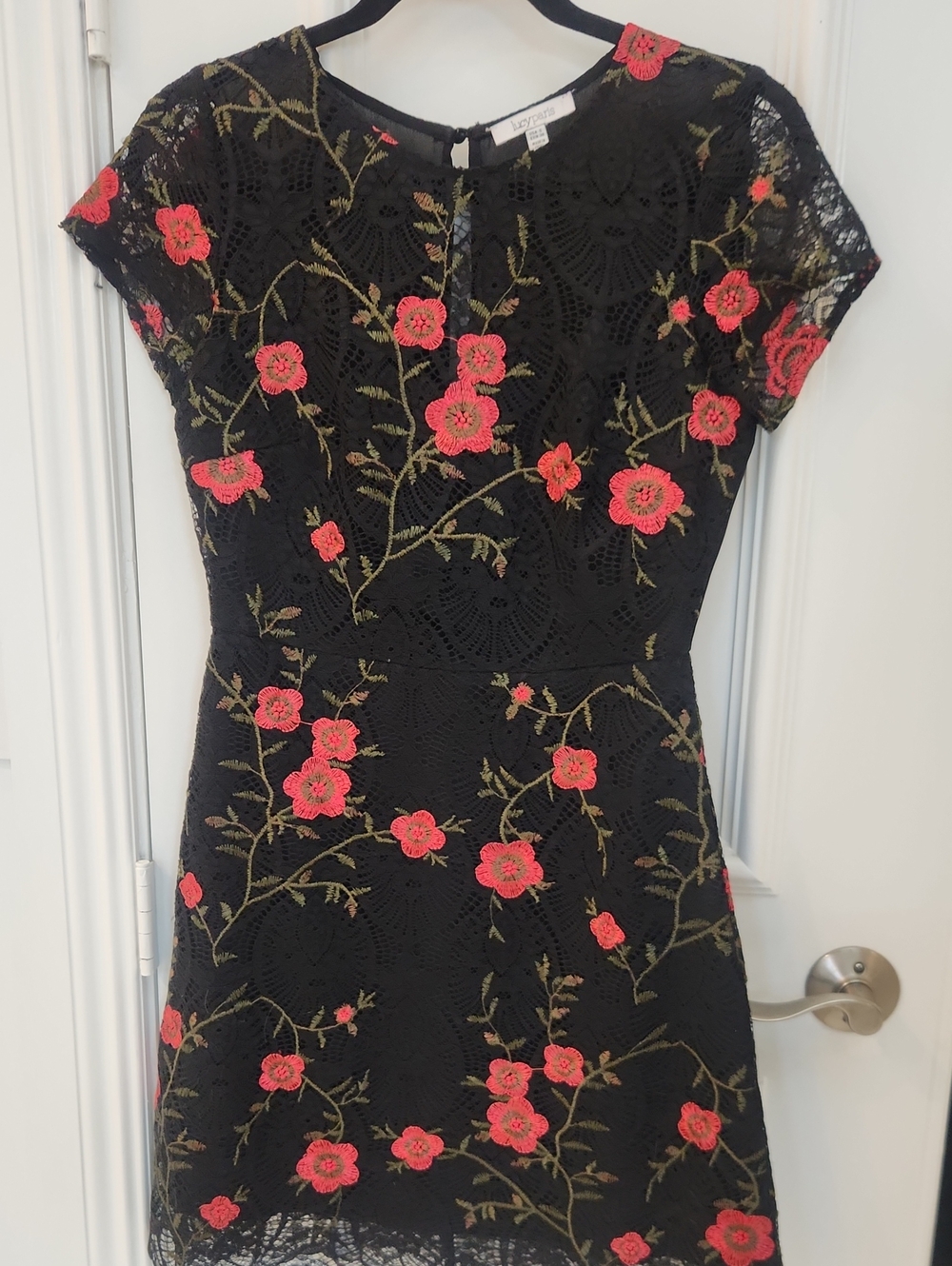 Lucy Paris Black Lace Mini Dress with Red Floral Embroidery